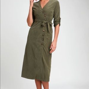 Olive Green Suede Button-Up Midi Dress size small